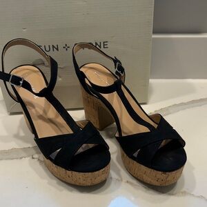 Sun + Stone Julien Black Cork Platform T-Strap Heels NIB